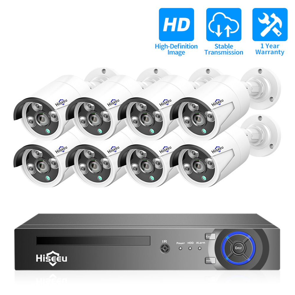 Hiseeu 5MP H.265 8CH POE Conjunto de Sistema de Câmera de Vigilância de Segurança Conjunto AI Detecção de Rosto Gravação de Áudio IP Home