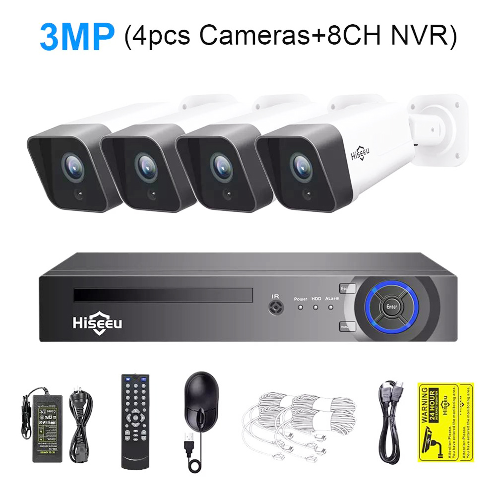 Kit de sistema de câmera de vigilância de segurança Hiseeu IP POE 3MP CCTV conjunto de câmera AI ao ar livre gravador de vídeo NVR de áudio bidirecional