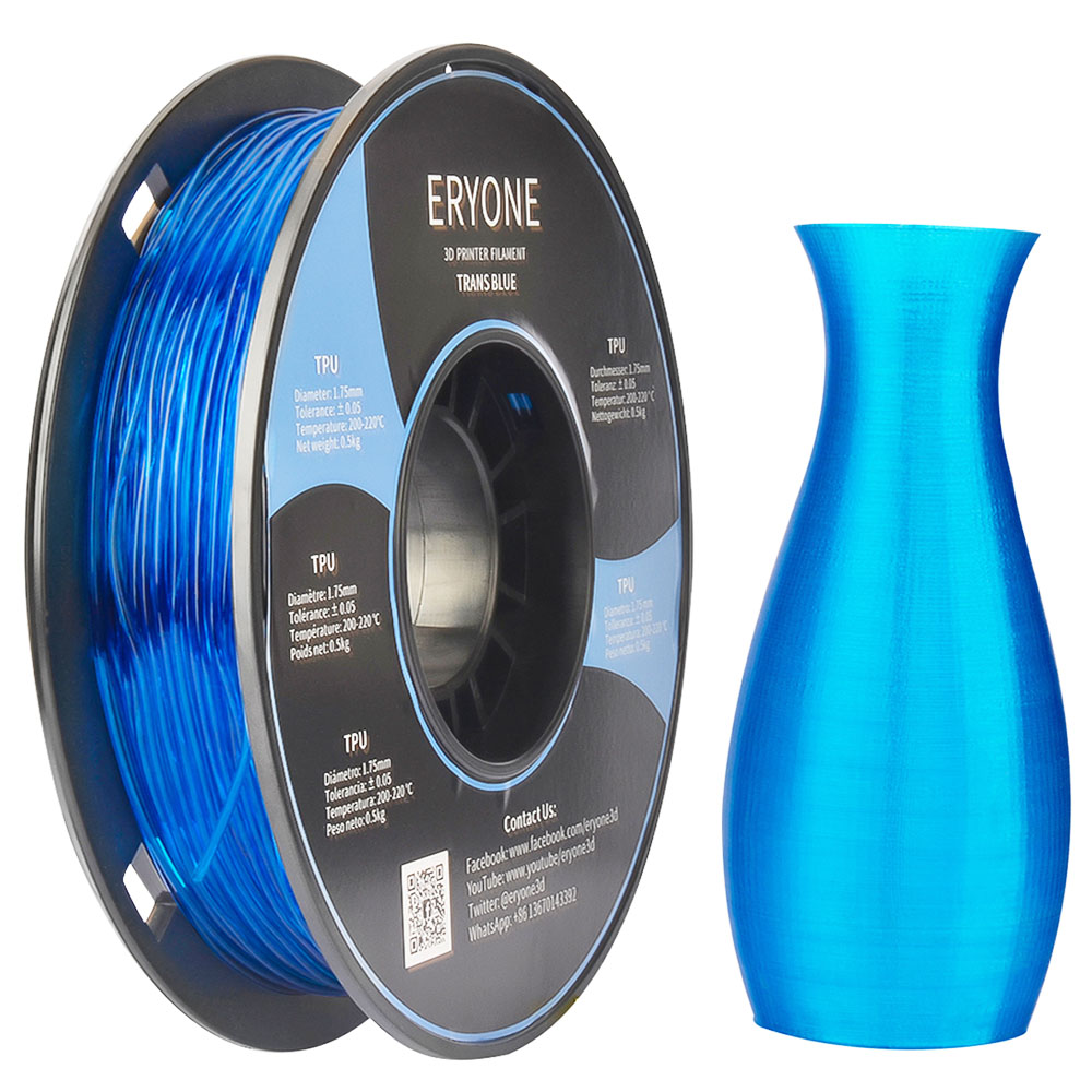 ERYONE TPU Filament for 3D Printer 1.75mm Tolerance 0.03mm 0.5kg (1.1 LB) / Spool - Transparent Blue