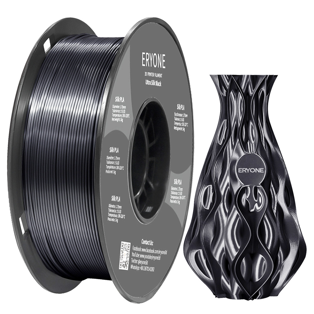 ERYONE Ultra Silk PLA Filament for 3D Printer 1.75mm Tolerance 0.03 mm, 1kg (2.2LBS) / Spool - Black