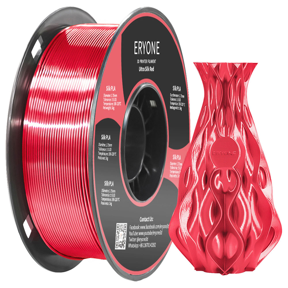 ERYONE Ultra Silk PLA Filament for 3D Printer 1.75mm Tolerance 0.03 mm, 1kg (2.2LBS) / Spool - Red