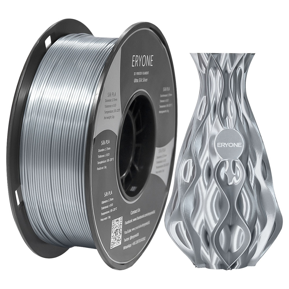ERYONE Ultra Silk PLA Filament for 3D Printer 1.75mm Tolerance 0.03 mm, 1kg (2.2LBS) / Spool - Silver