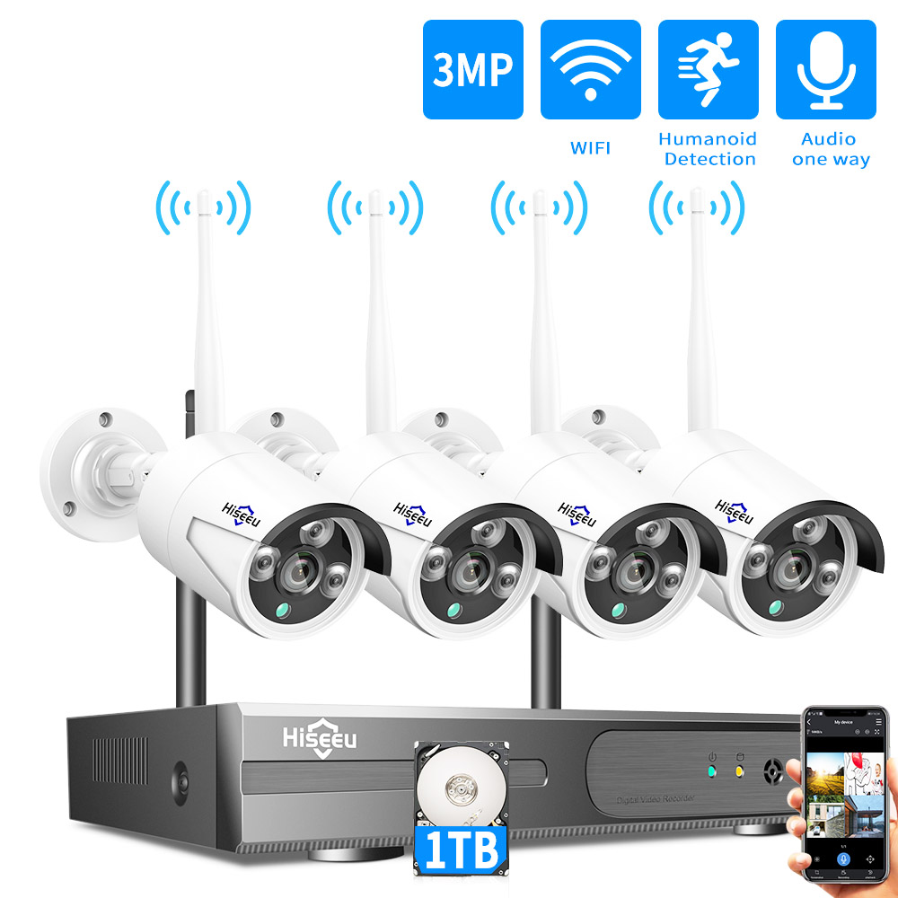 Hiseeu 4Pcs 8CH 3MP Wireless NVR IP Wifi Kamera Outdoor IR Nachtsicht Überwachungskameras Überwachung