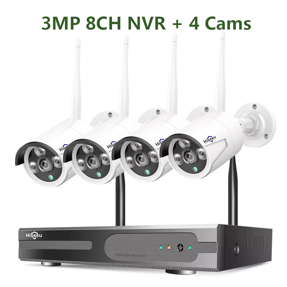 Hiseeu 4Pcs 8CH 3MP Wireless NVR IP Wifi Camera Outdoor IR Night Vision Security Cameras Surveillance