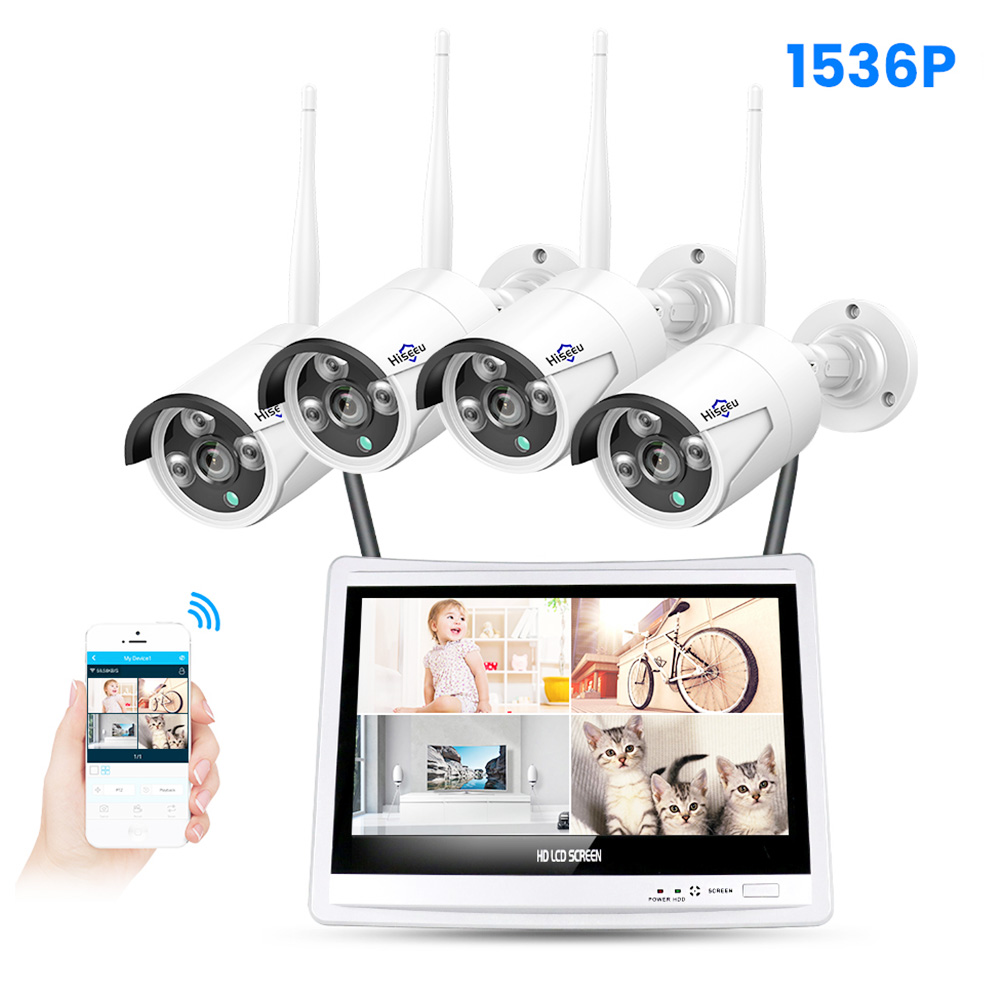 Hiseeu 4pcs All in one with 12inch LCD Monitor Wireless Security Camera System Home 8CH 3MP NVR Kit 1536P Outdoor