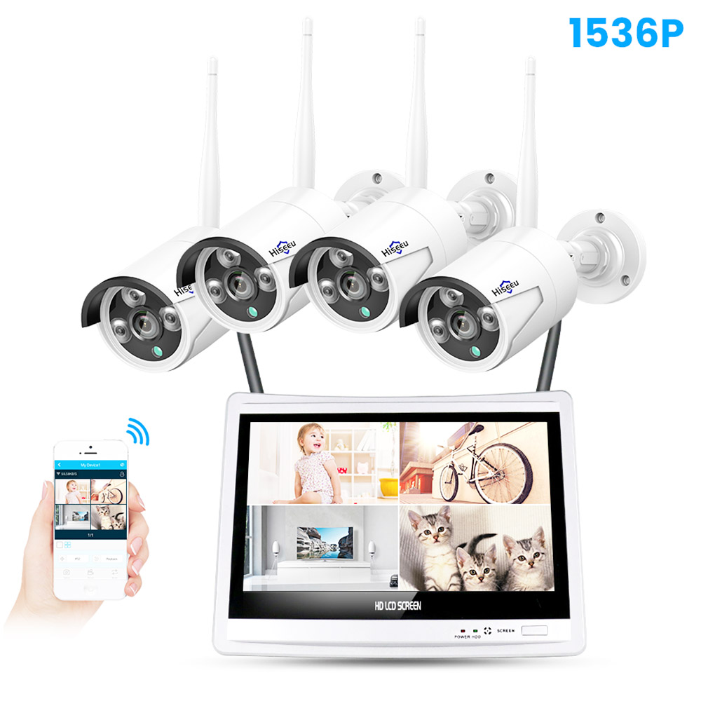 Hiseeu 4pcs All in one with 12inch LCD Monitor Wireless Security Camera System Home 8CH 3MP NVR Kit 1536P Outdoor