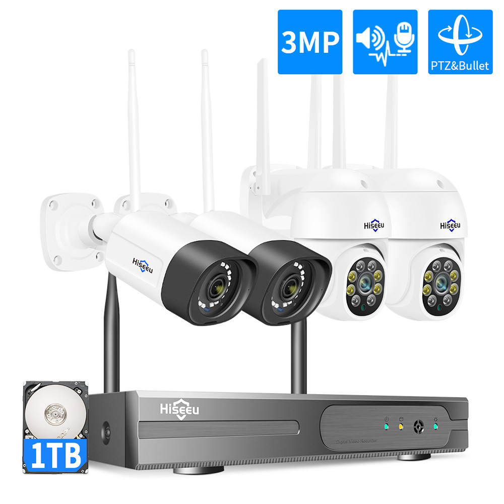 Hiseeu Wireless 8CH 4PCS 3MP Caméras de sécurité audio bidirectionnelles extérieures et Bullet WIFI IP