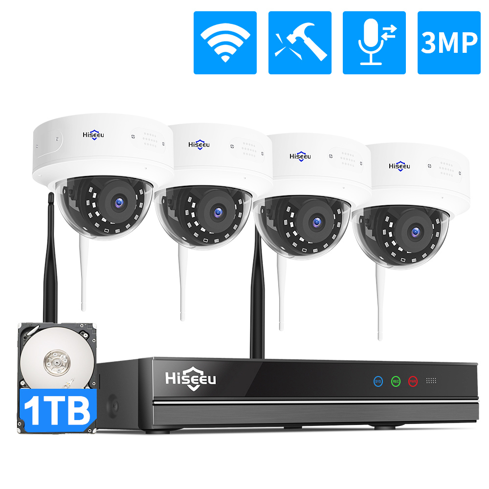 Hiseeu draadloze 8CH 4PCS 3MP 1536P HD tweeweg audio CCTV-beveiligingscamera voor binnenhuis