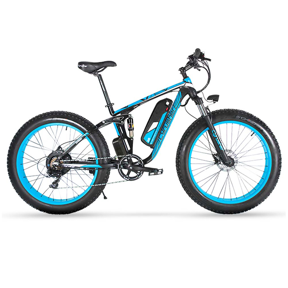 Cyrusher XF800 Electric Bike Full Suspension 26'' x 4'' Fat Tires 750W Motor 13Ah Removable Battery 28mph Top Speed - Blue
