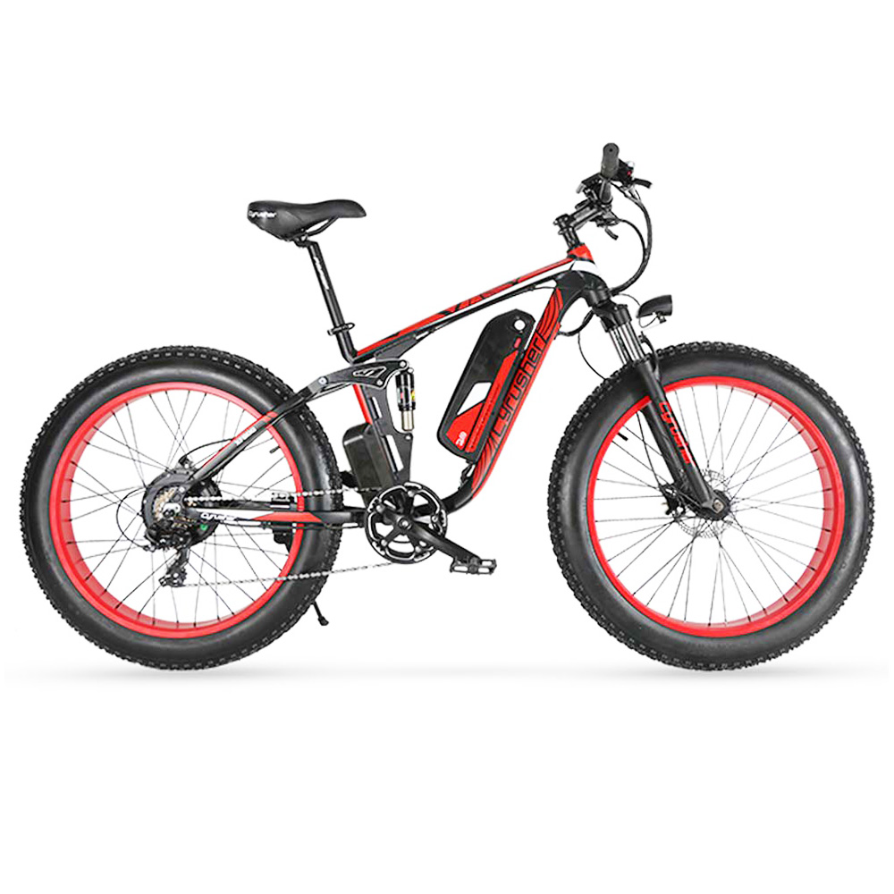 Cyrusher XF800 Electric Bike Full Suspension 26'' x 4'' Fat Tires 750W Motor 13Ah Removable Battery 28mph Top Speed - Red