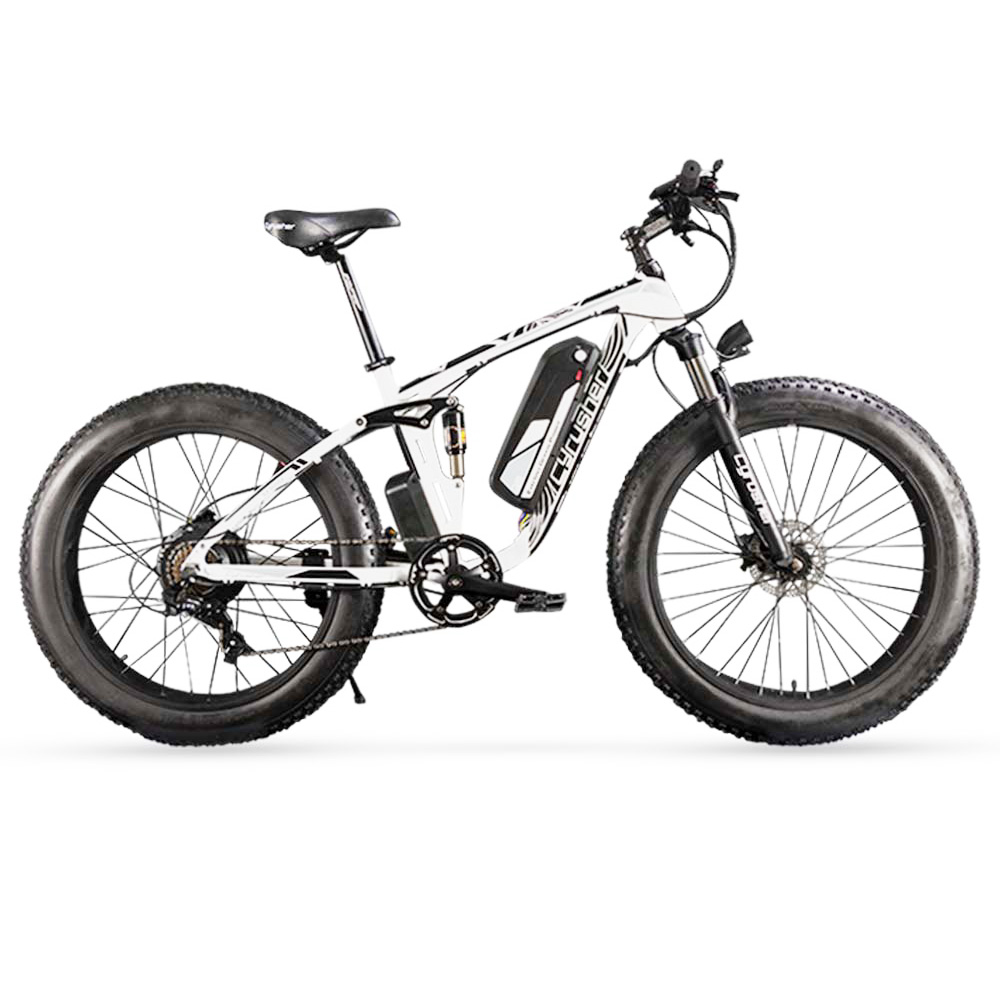 Cyrusher XF800 Electric Bike Full Suspension 26'' x 4'' Fat Tires 750W Motor 13Ah Removable Battery 28mph Top Speed - White
