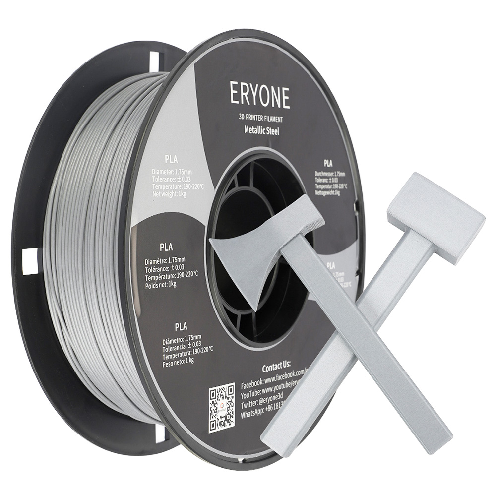 ERYONE Filament PLA Métallique pour Imprimante 3D Tolérance 1.75mm +/-0.03mm, 1kg(2.2lbs)/Bobine - Acier Inoxydable