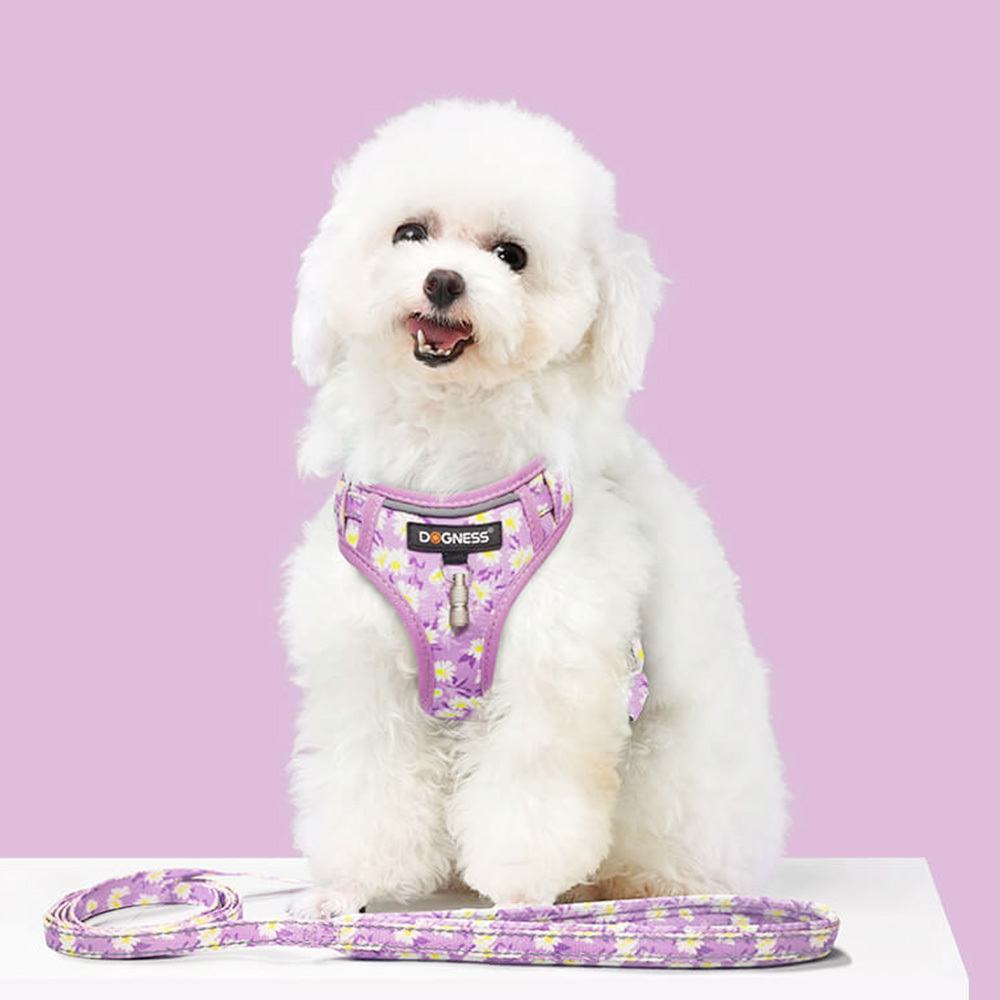 DOGNESS Harness Dog Leash Sets Adjustable Lengths Reflective Design Breathable Mesh Dogs Collar - Floral Pollen