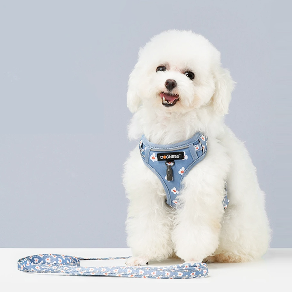 DOGNESS Harness Dog Leash Sets Adjustable Lengths Reflective Design Breathable Mesh Dogs Collar - Floral Blue