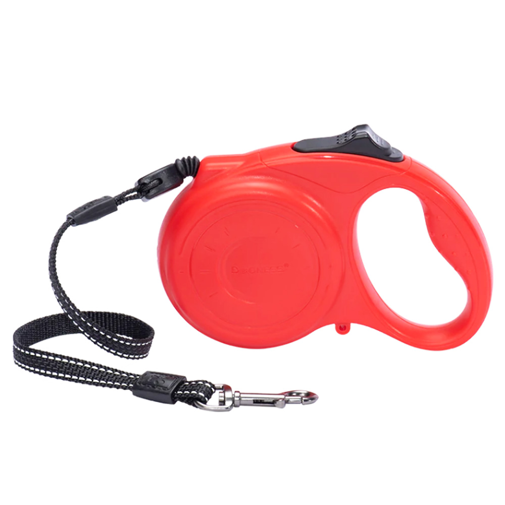DOGNESS Reflective Retractable Dog Leash, One Button Brake &amp; Lock Anti-Slip Handle, Strong Nylon Ribbon Tape - M Red