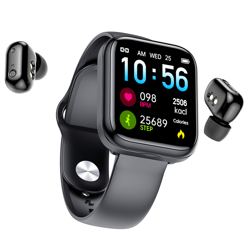 Smart Watch with Bluetooth Earbuds, Wireless Earphones Fitness Tracker Waterproof Sports Bracelet with HR Monitor - Black
