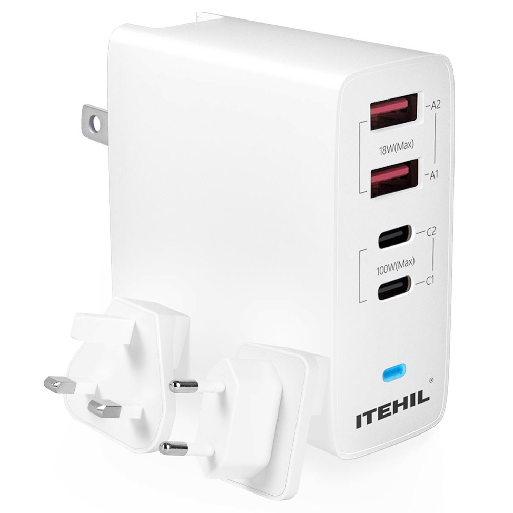 ITEHIL 100W Smart Fast Charger USB-C PD Wall Charger 4 Ports with EU Plug and UK Plug - White
