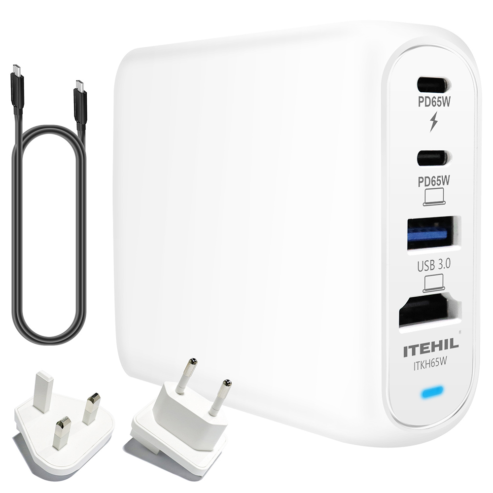 ITEHIL 65W GAN Fast Charger & Hub 4 in 1 Charger PD 3.0 USB 3.0 4K HDMI Ports with 0.5m Type-C Cable - White