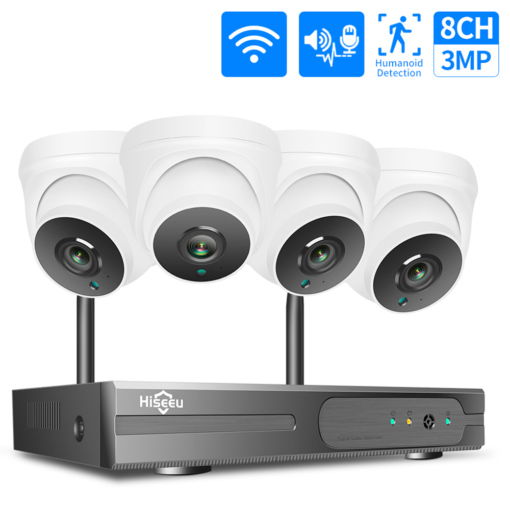 Hiseeu 3MP 8CH CCTV מערכת מצלמות אבטחה אלחוטית NVR H.265 ערכת שמע דו-כיוונית HD 1536P מעקב וידאו ביתי מקורה