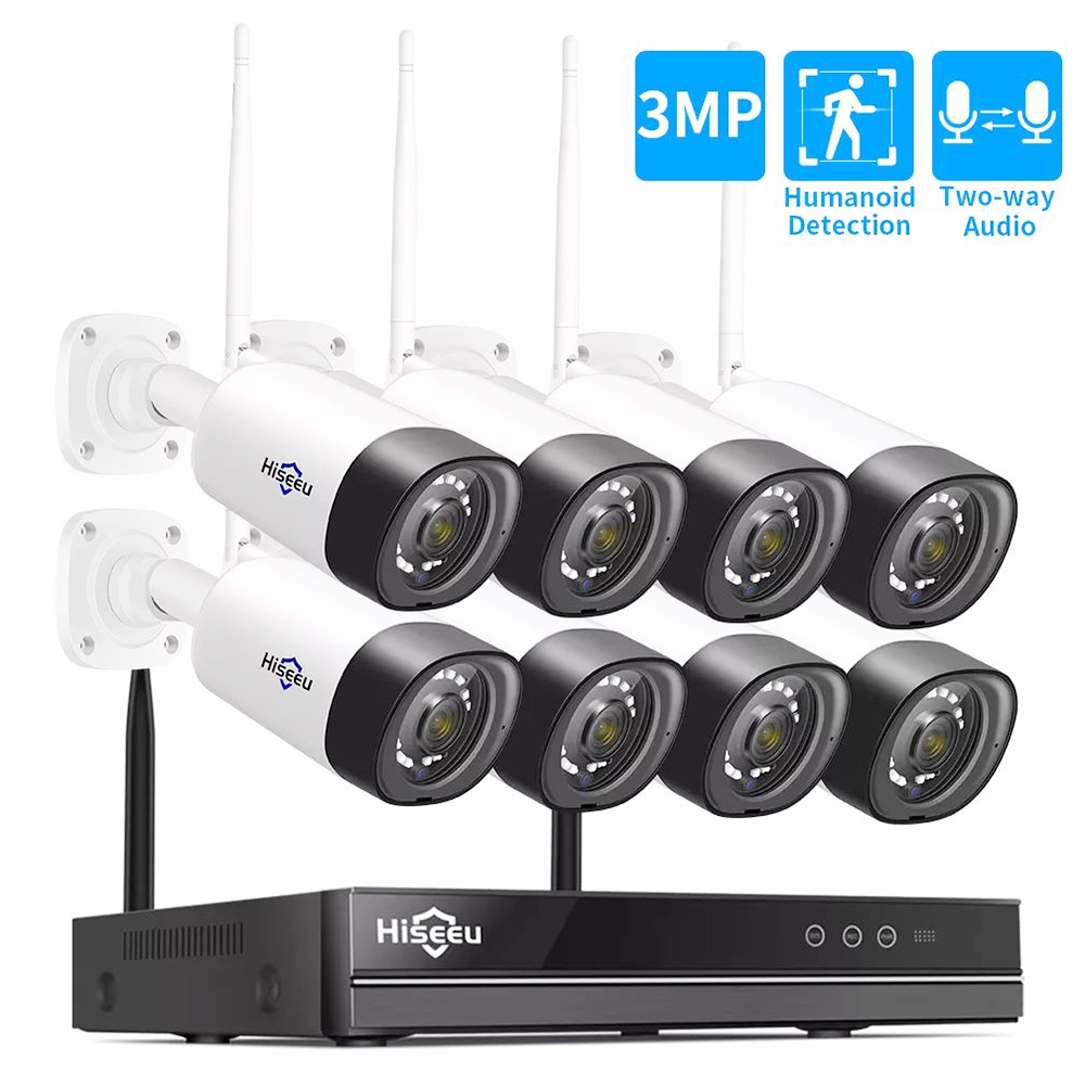 מערכת מצלמות טלוויזיה במעגל סגור אלחוטית Hiseeu 3MP אודיו דו-כיווני עבור מצלמת IP 2P מערכת אבטחה חיצונית ערכות מעקב וידאו