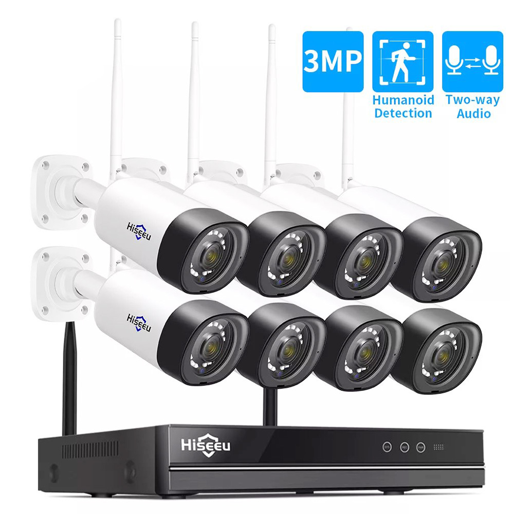 מערכת מצלמות טלוויזיה במעגל סגור אלחוטית Hiseeu 3MP אודיו דו-כיווני עבור מצלמת IP 2P מערכת אבטחה חיצונית ערכות מעקב וידאו