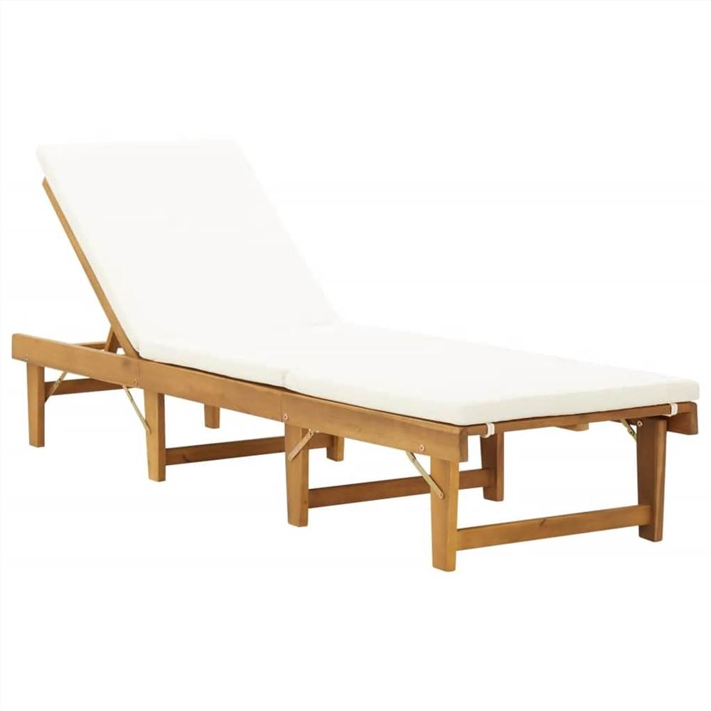 

Folding Sun Lounger with Cushion Solid Wood Acacia Cream White