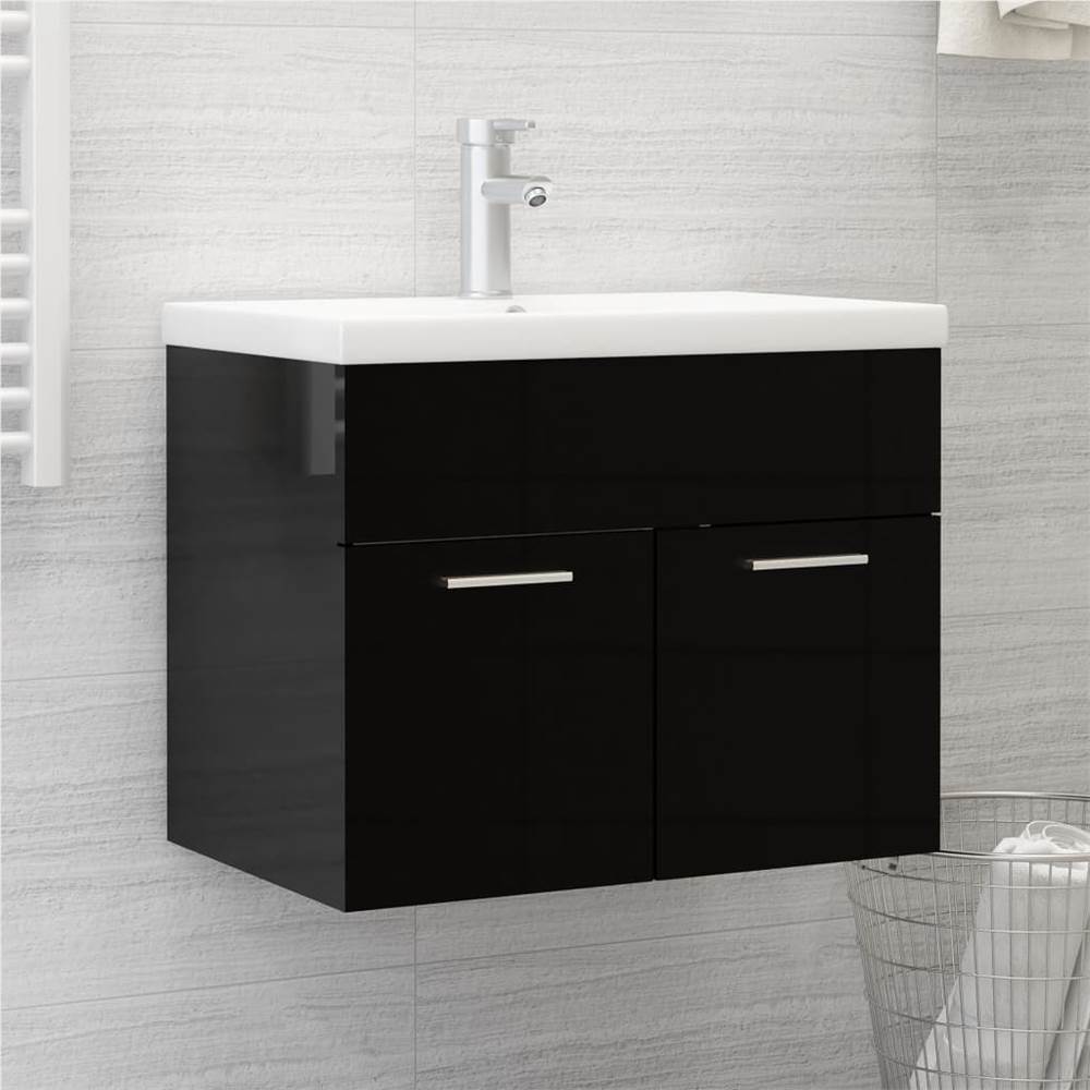 

Sink Cabinet with Built-in Basin High Gloss Black Chipboard