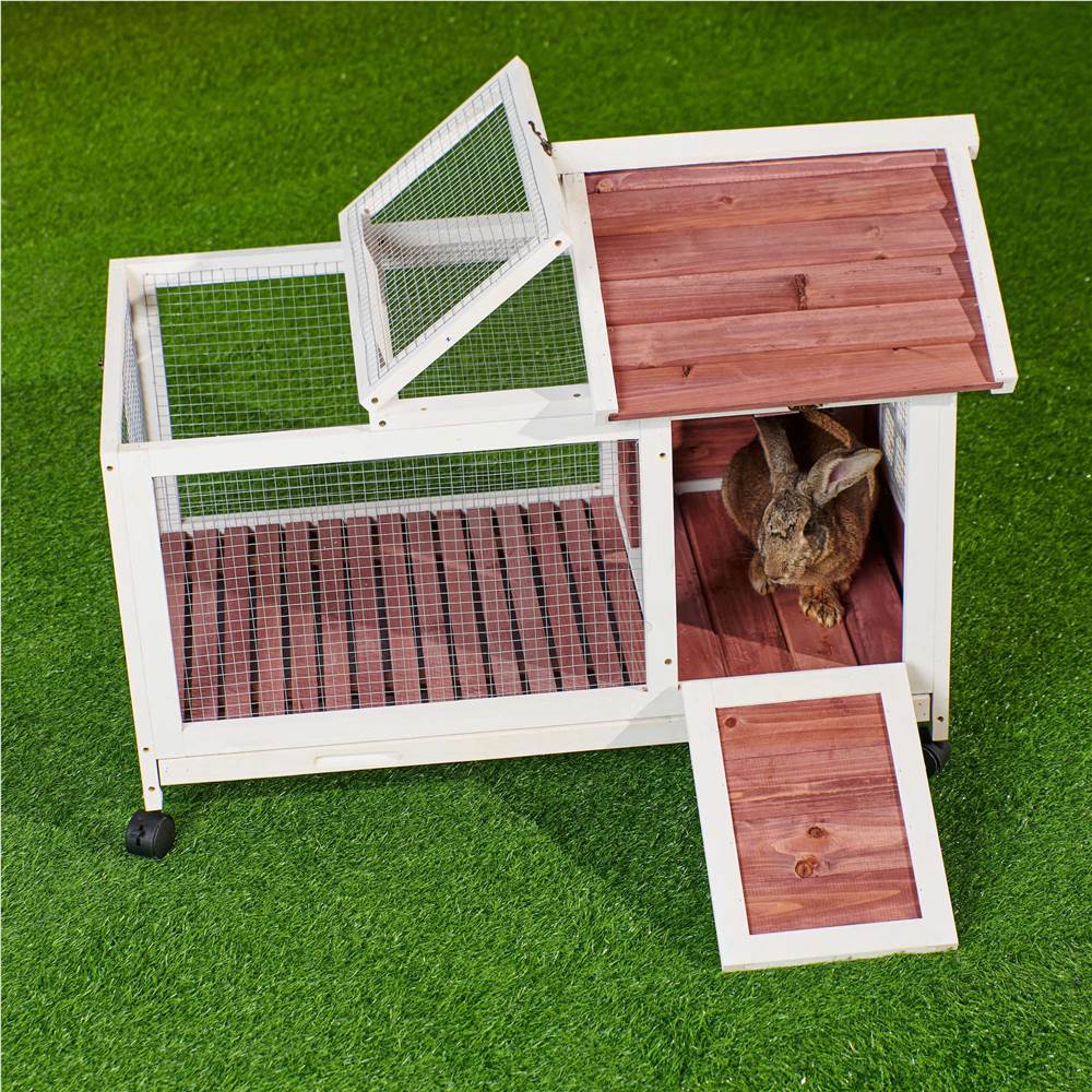 Wooden Rabbit Hutch 40.7" L x 23.4" W x 30" H, Bunny Cage with 4 Wheels, Auburn