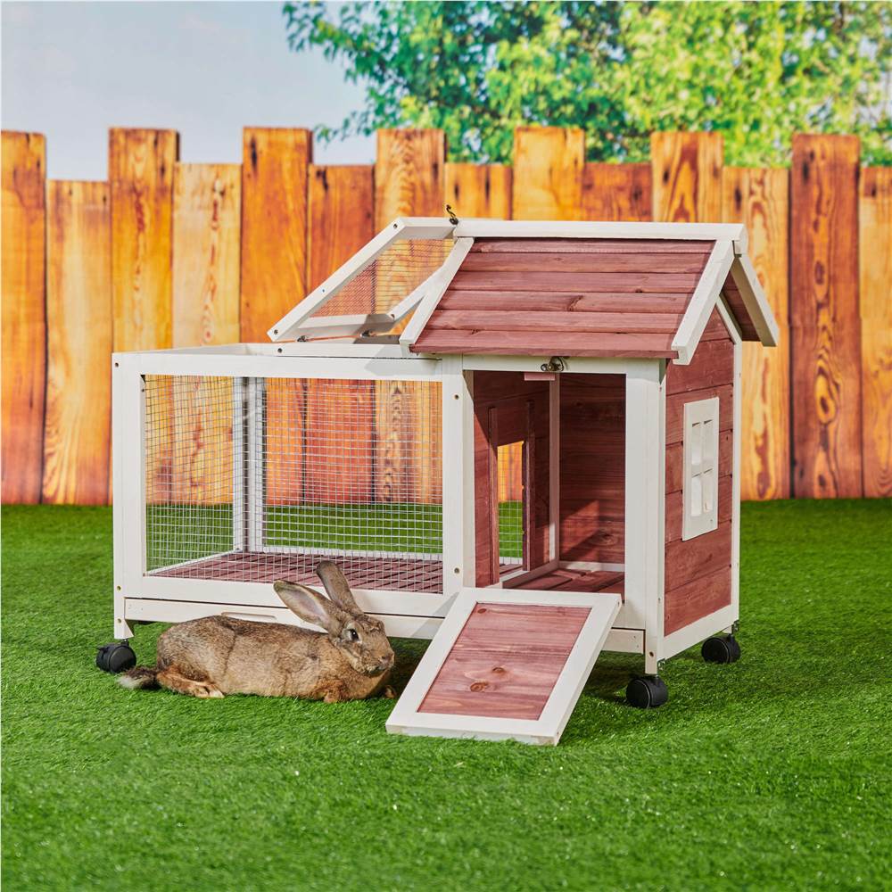 Wooden Rabbit Hutch 40.7" L x 23.4" W x 30" H, Bunny Cage with 4 Wheels, Auburn