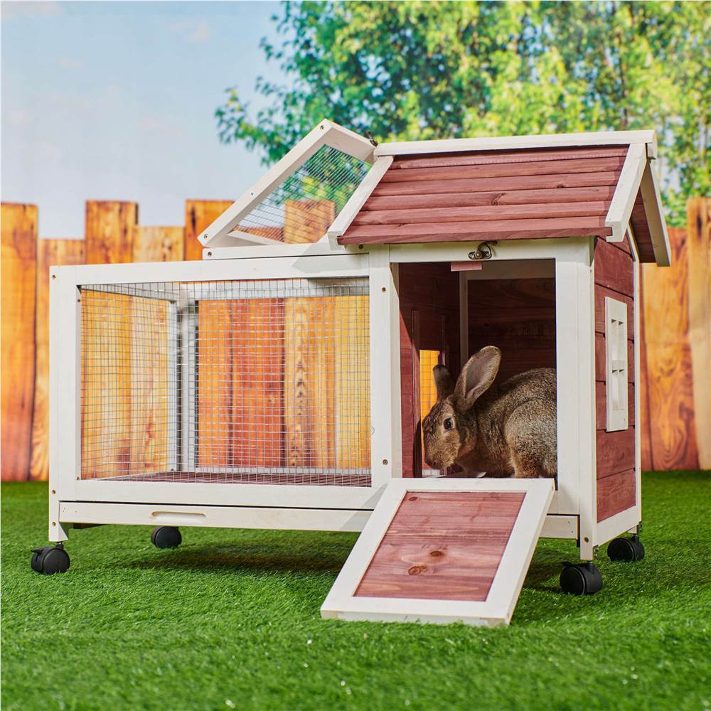 Wooden Rabbit Hutch 40.7" L x 23.4" W x 30" H, Bunny Cage with 4 Wheels, Auburn