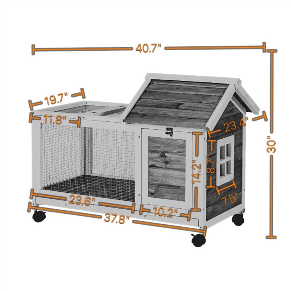 Wooden Rabbit Hutch 40.7" L x 23.4" W x 30" H, Bunny Cage with 4 Wheels, Auburn