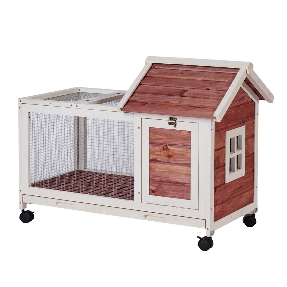 Wooden Rabbit Hutch 40.7" L x 23.4" W x 30" H, Bunny Cage with 4 Wheels, Auburn