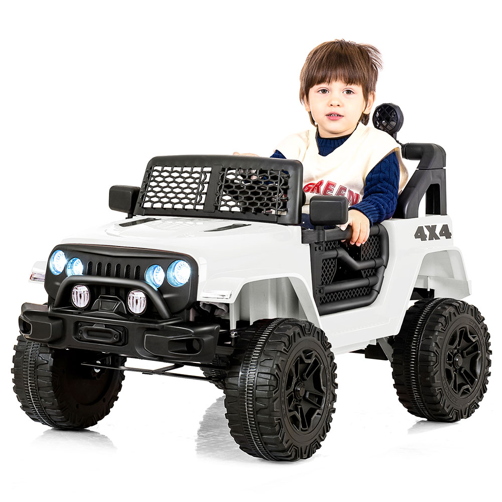 Children&#39;s Electric Ride On Car with 2 Seats 12V 2.4 Ghz Remote Control 2 Speed Soft Start Horn Front Light - White