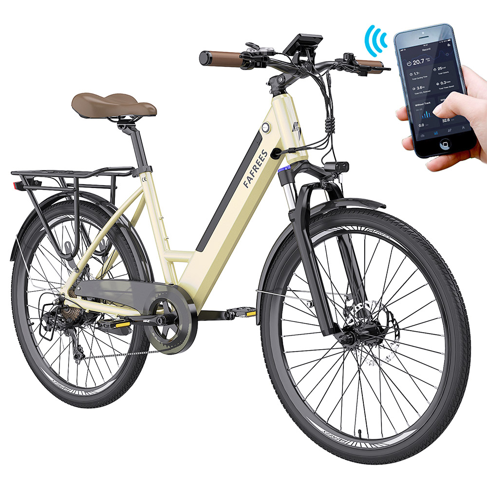 FAFREES F26 Pro City E-Bike Bicicletta elettrica step-through da 26 pollici 25Km/h Motore 250W 36V 10Ah Batteria rimovibile incorporata Shimano 7 velocità Freni a doppio disco APP Connect - Golden