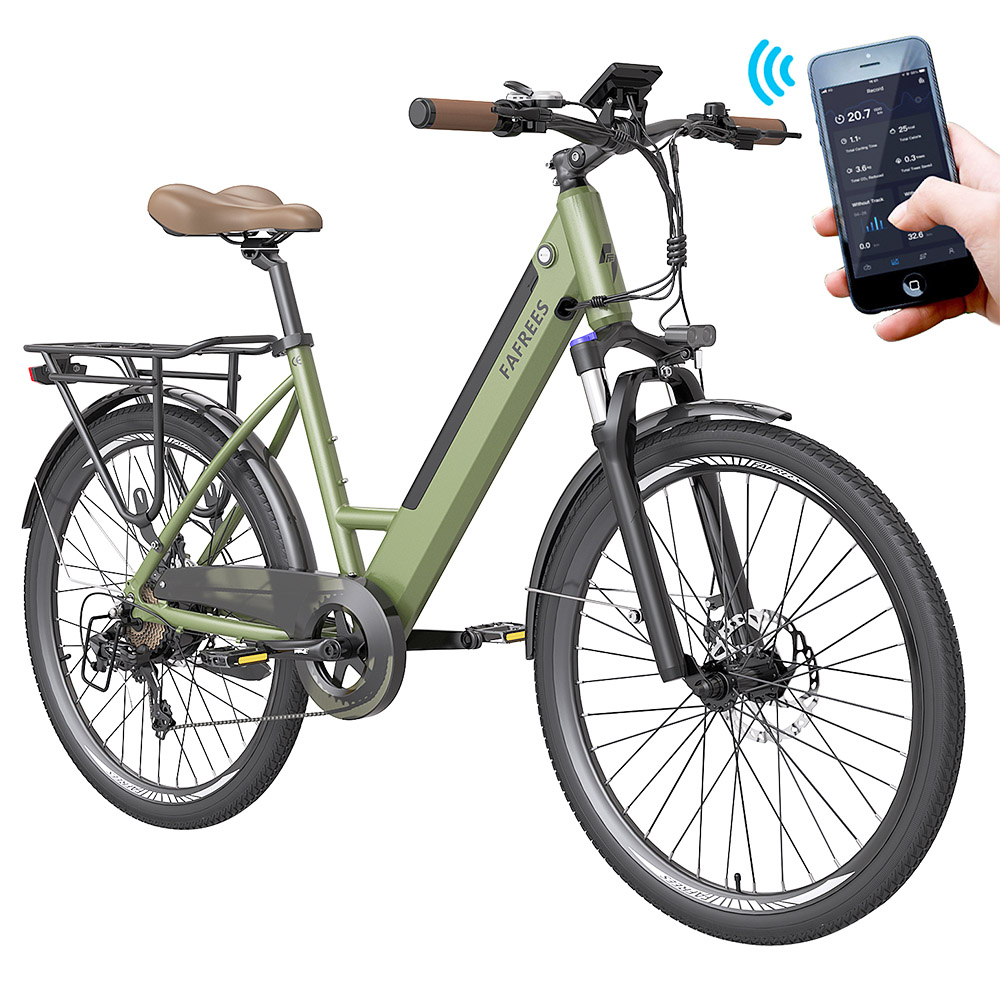 FAFREES F26 Pro City E-Bike 26 Inch Step-through Electric Bicycle 25Km/h 250W Motor 36V 10Ah Embedded Removable Battery Shimano 7 Speed Dual Disc Brakes APP Connect - Green
