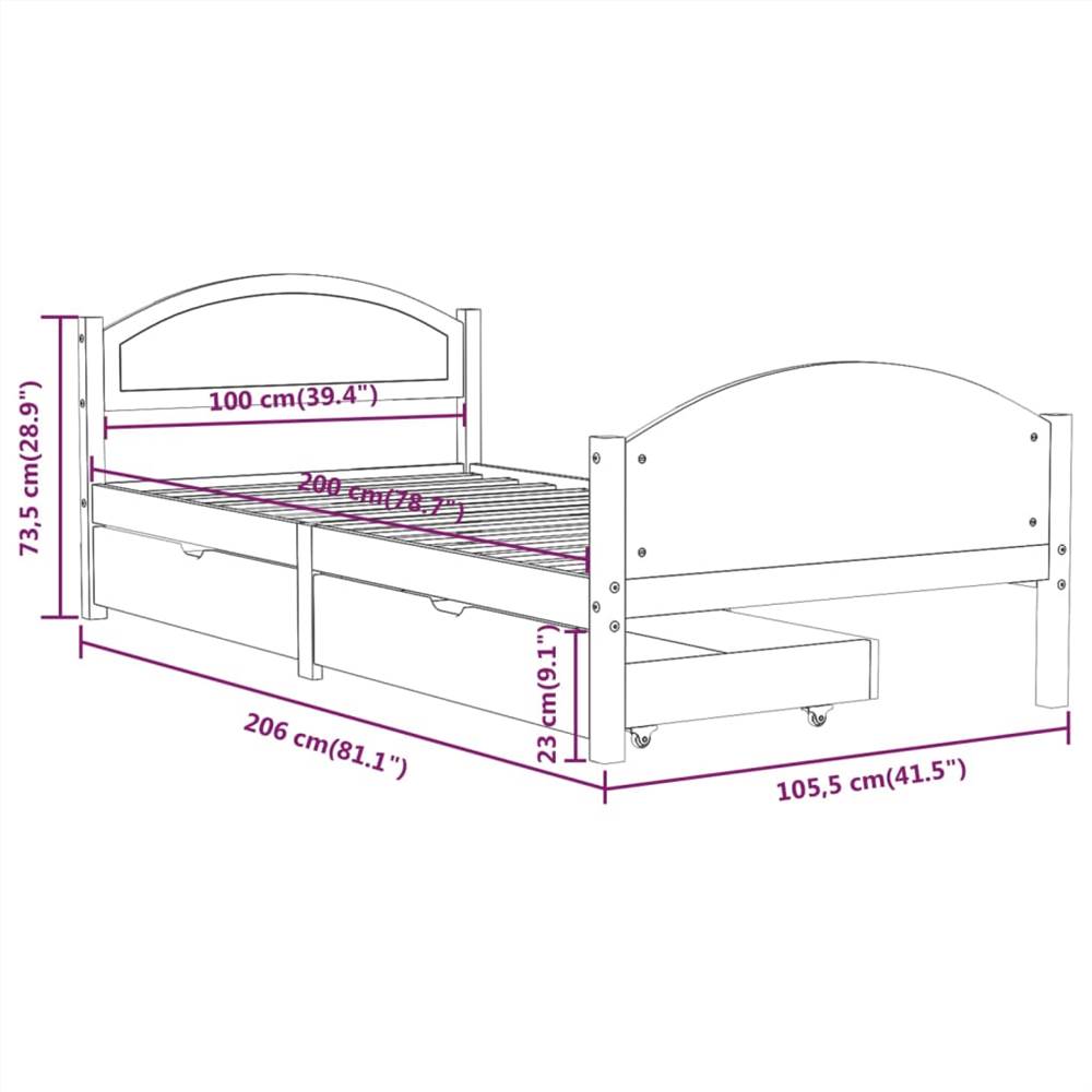 Bed Frame with 2 Drawers Dark Grey Solid Wood Pine 100x200 cm