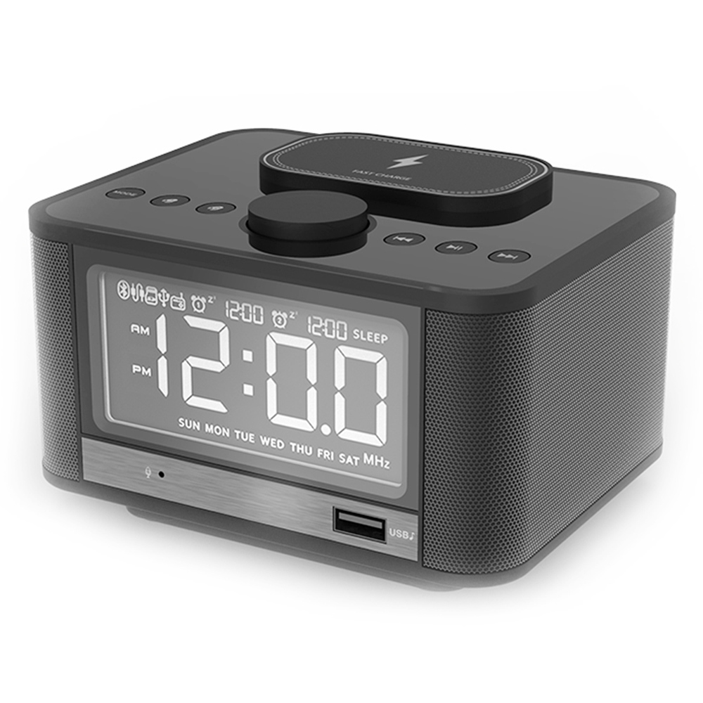 GREEN TIME M7-QI Bluetooth目覚まし時計スピーカー、携帯電話ワイヤレス充電、UディスクTFカード再生、FMラジオ-黒