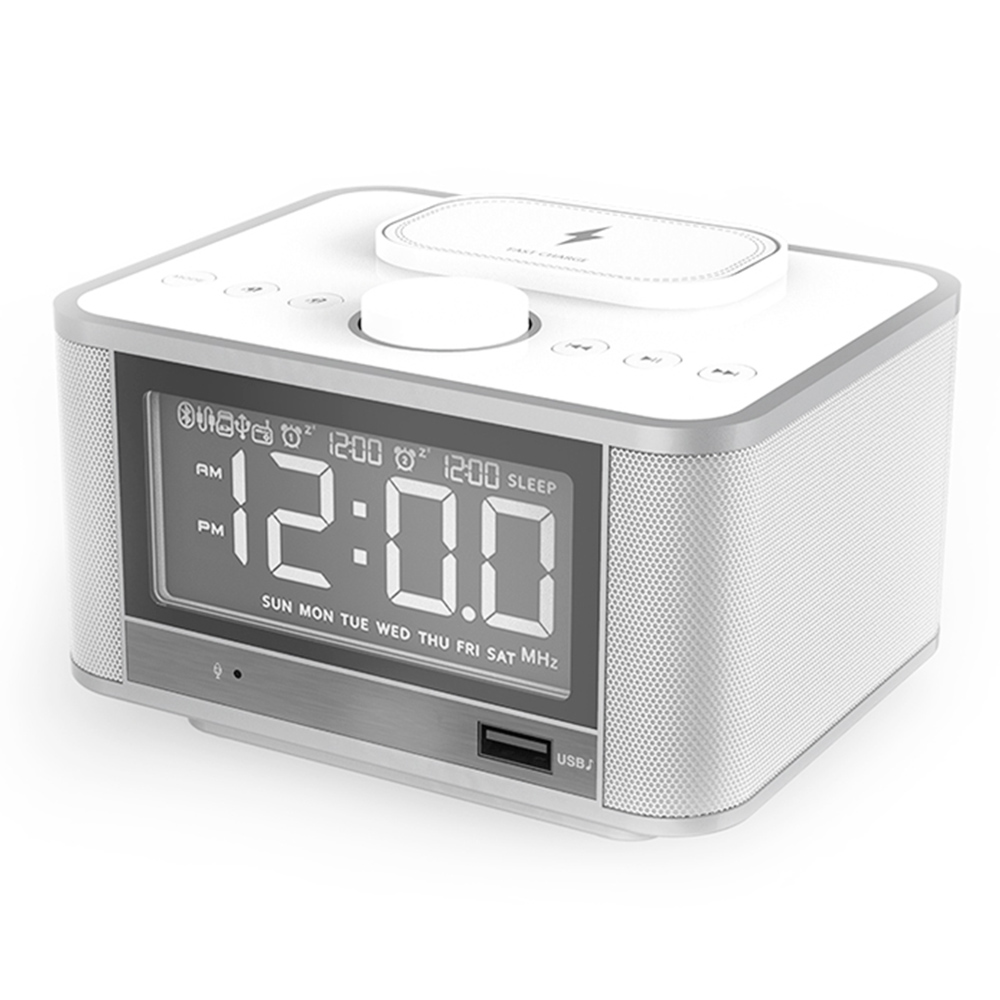 GREEN TIME M7-QI Bluetooth Alarm Clock Speaker, Mobile Phone Wireless Charging, U Disk TF Card Play, FM Radio - White