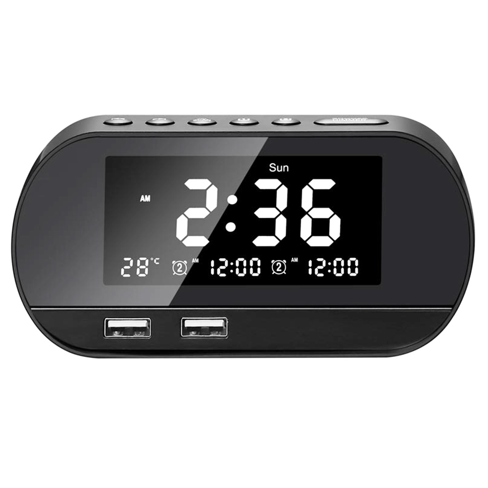 GREEN TIME T2 Dual USB Зарядка будильника Беспроводное радио, ЖК-экран, вечный календарь, дисплей температуры - черный