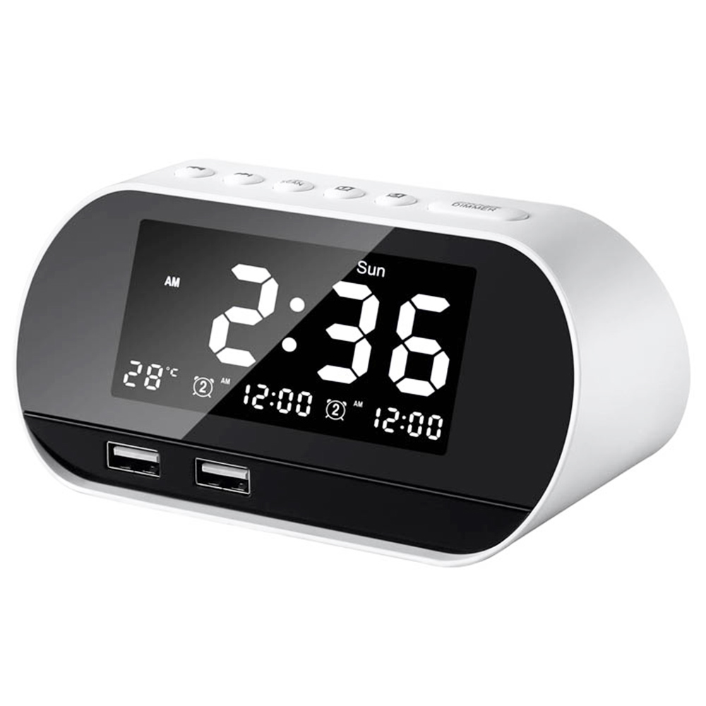 GREEN TIME T2 Podwójny budzik do ładowania USB Bezprzewodowe radio, ekran LCD Wieczny kalendarz, wyświetlacz temperatury - biały