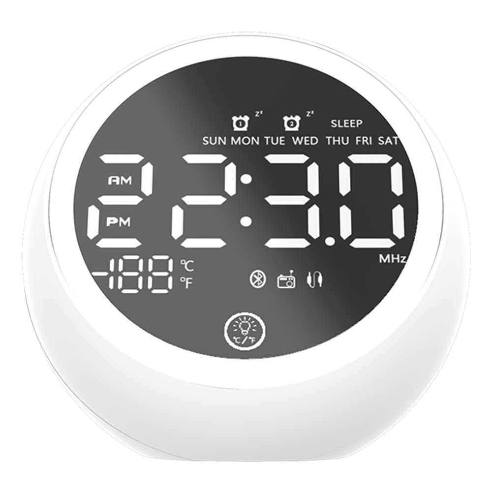 GREEN TIME X10 Bluetooth 5.0 Alarm Clock Speaker Bedside Night Light, LED Display Computer Audio, FM Radio - White