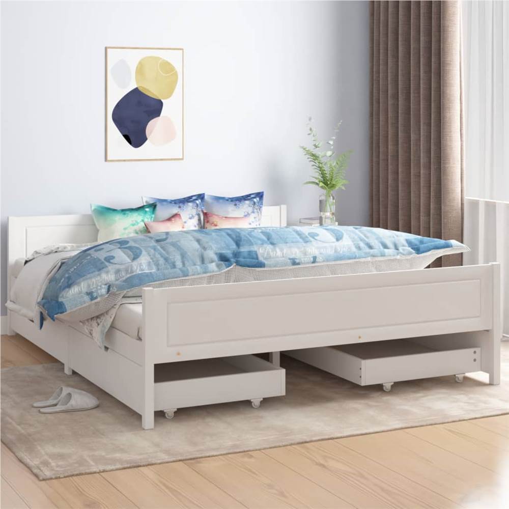 

Bed Frame with 4 Drawers White Solid Wood Pine 160x200 cm King Size