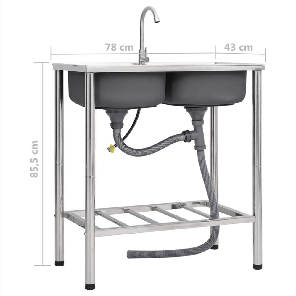 Camping Sink Double Basins with Tap Stainless Steel