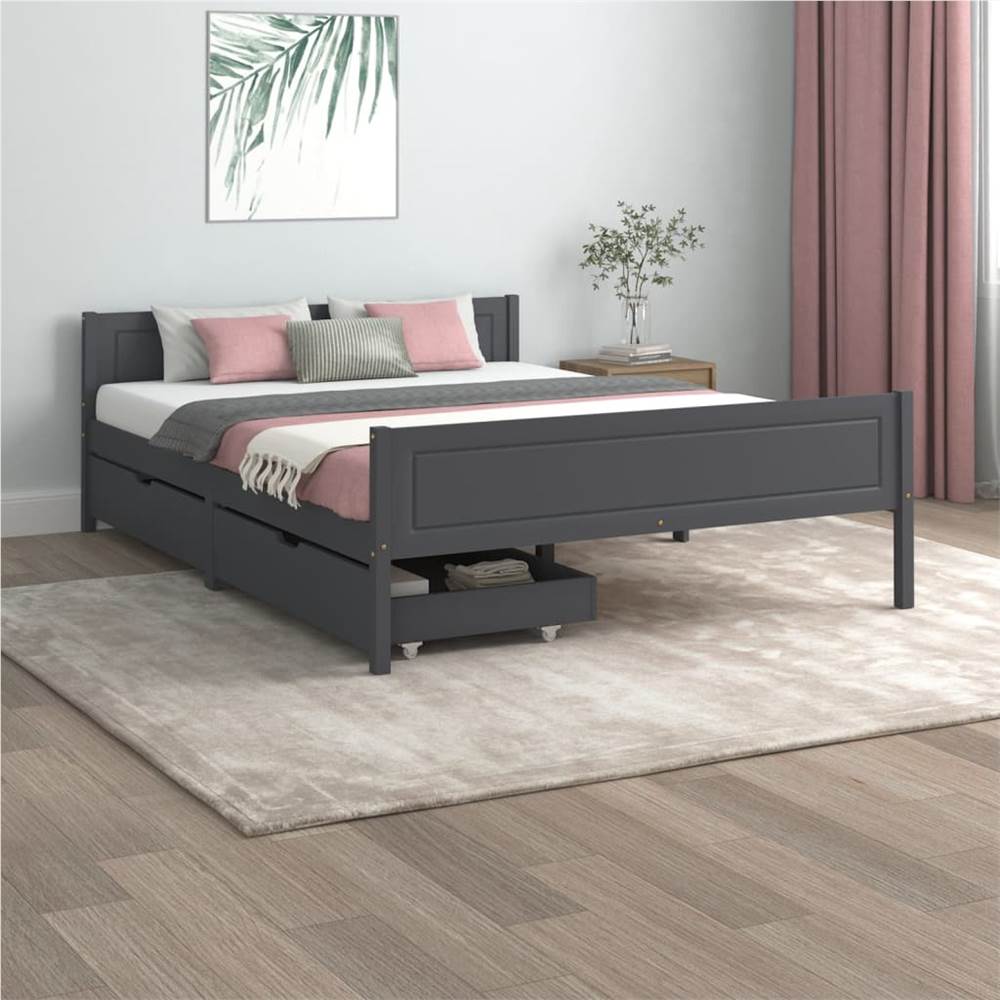 

Bed Frame with 2 Drawers Dark Grey Solid Wood Pine 120x200 cm 4FT Small Double