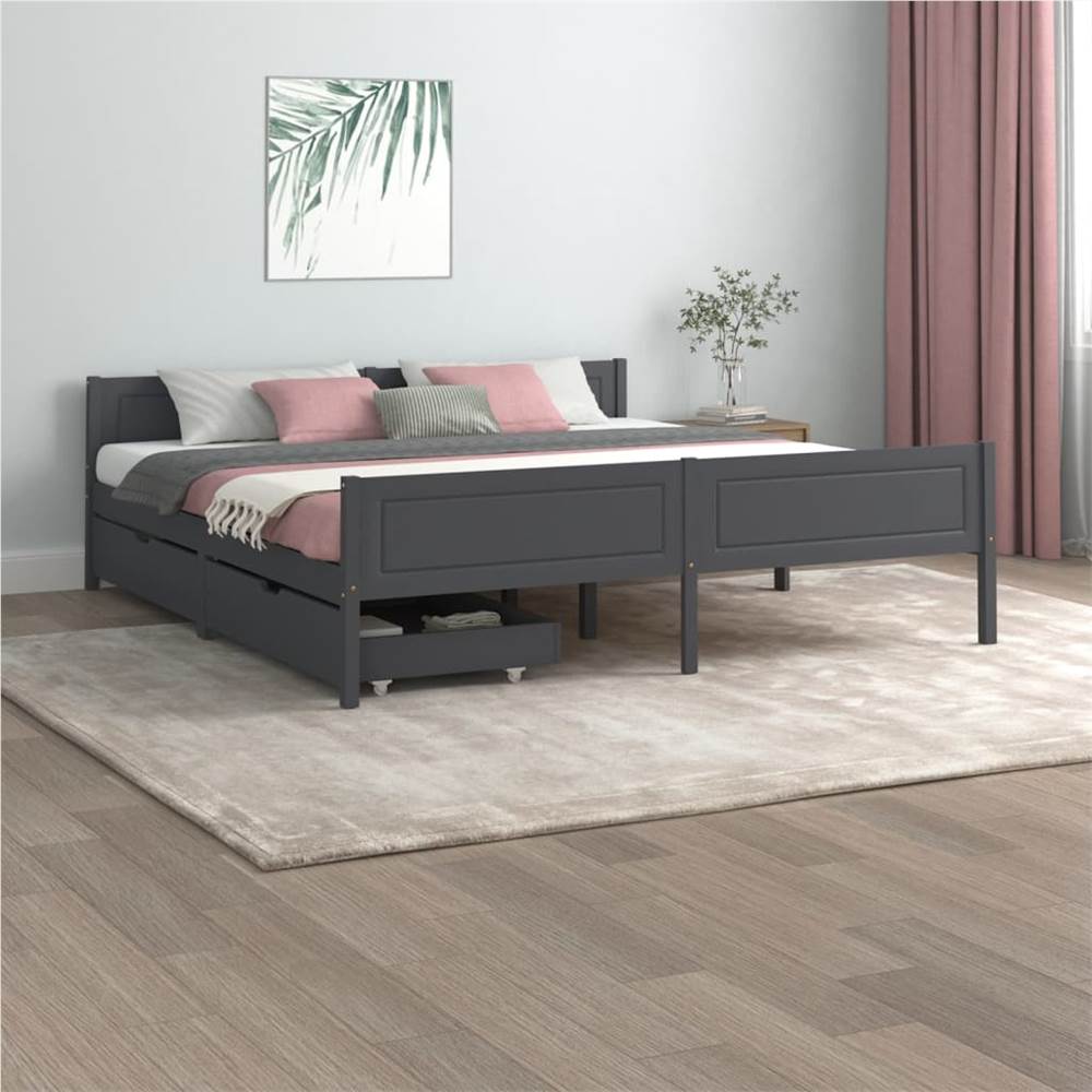 

Bed Frame with 2 Drawers Dark Grey Solid Wood Pine 180x200 cm 6FT Super King