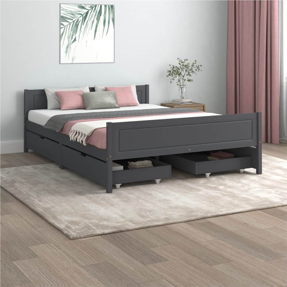 

Bed Frame with 4 Drawers Dark Grey Solid Wood Pine 160x200 cm 5FT king Size