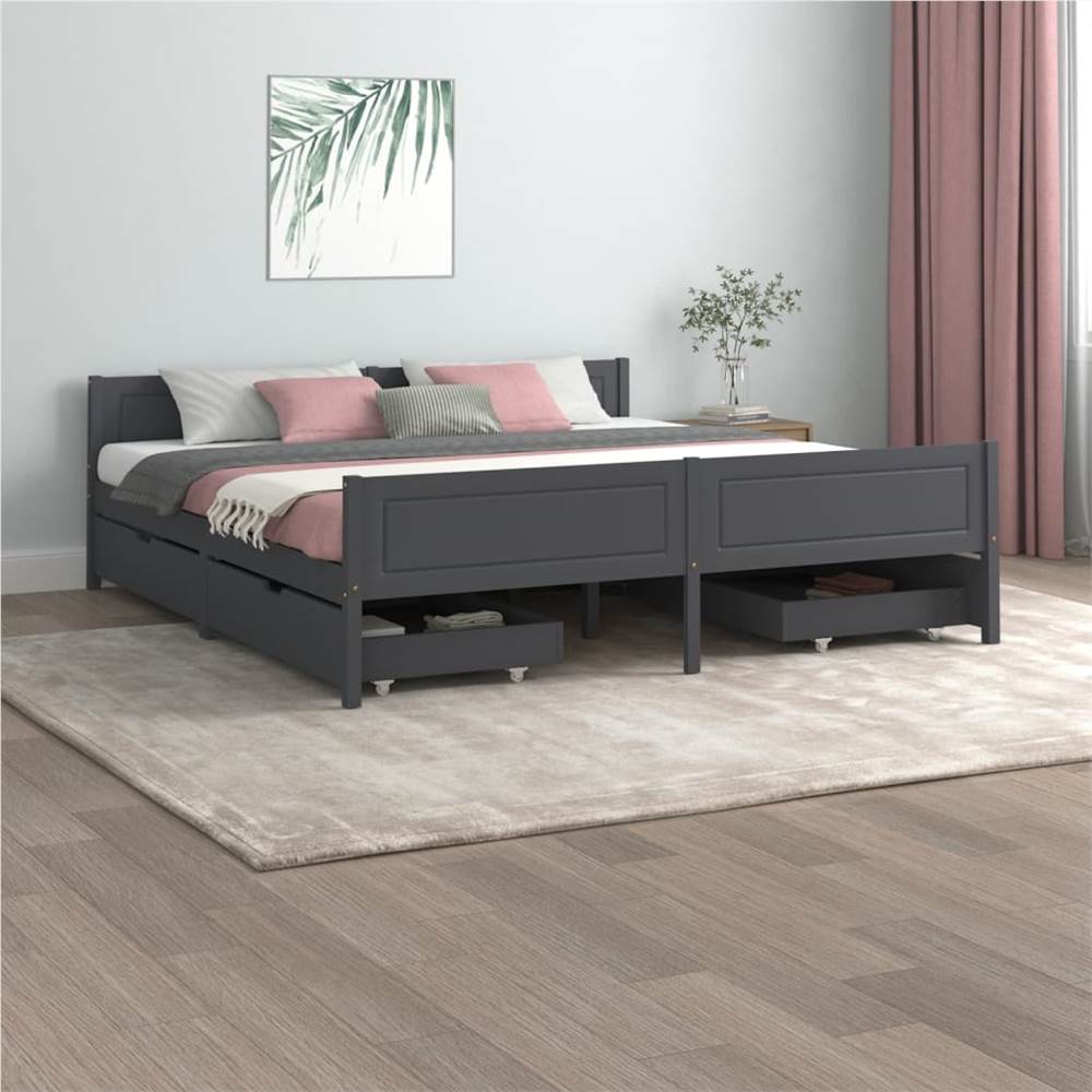

Bed Frame with 4 Drawers Dark Grey Solid Wood Pine 180x200 cm 6FT Super King