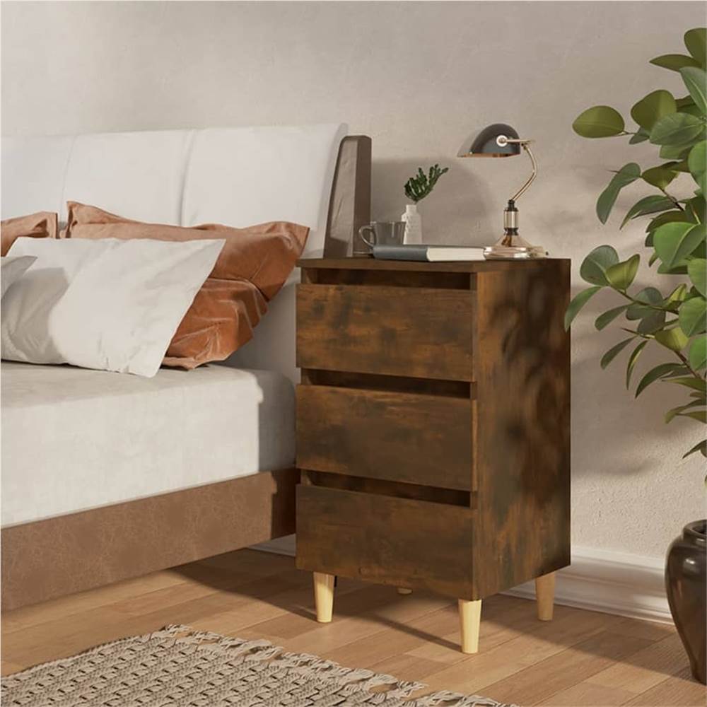 Bed Cabinet with Solid Wood Legs Smoked Oak 40x35x69 cm