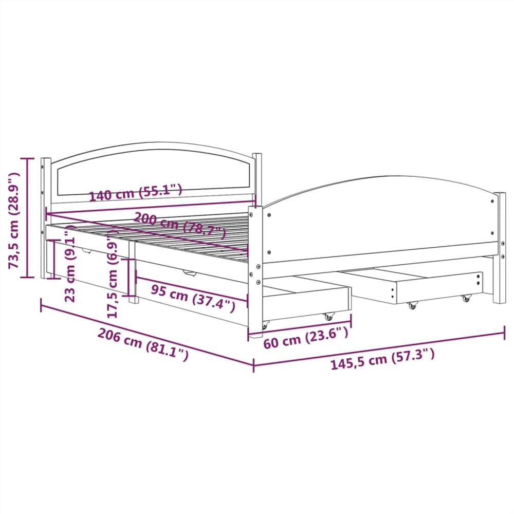 Bed Frame with 4 Drawers Dark Grey Solid Wood Pine 140x200 cm Double