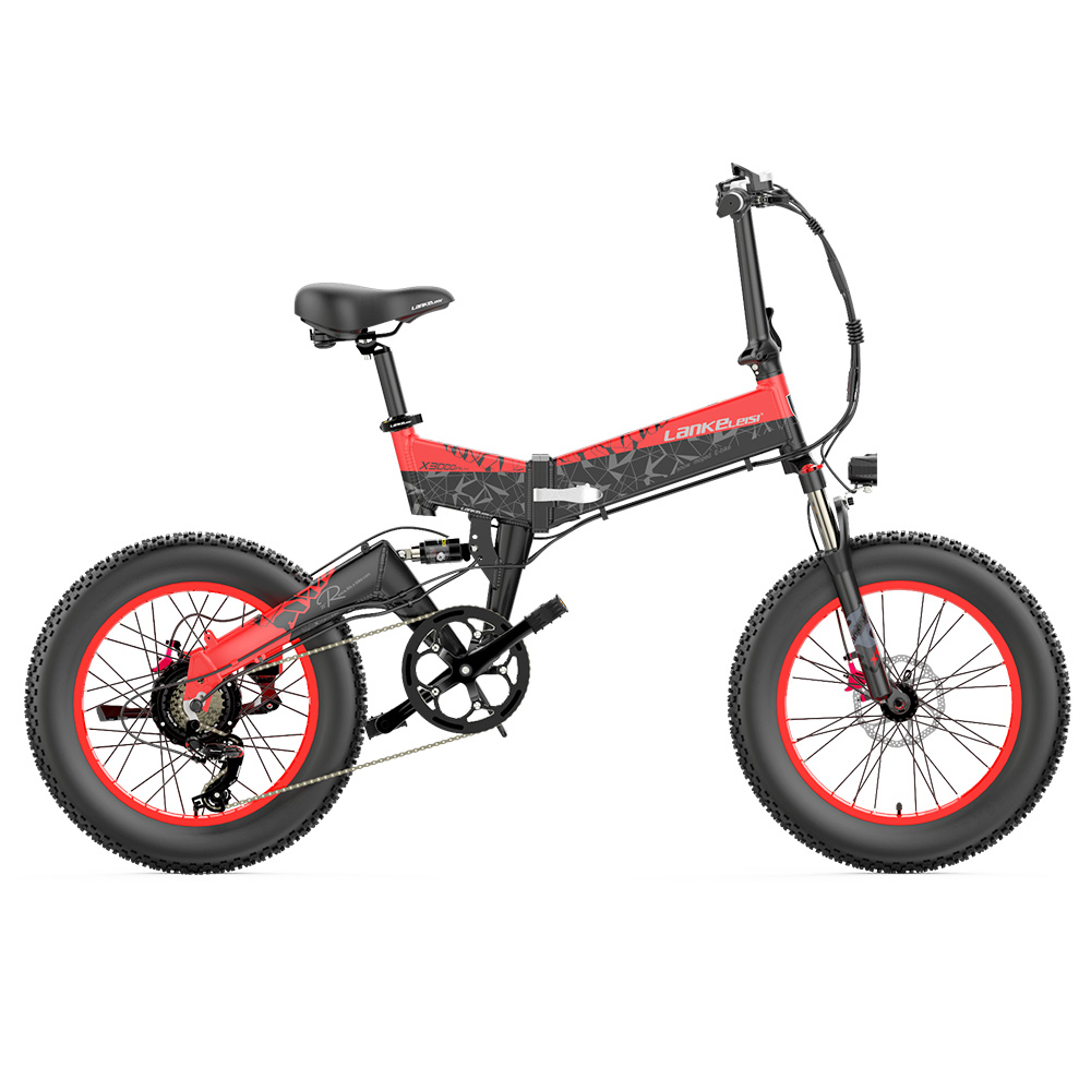 LANKELEISI X3000 Plus Folding Electric Mountain Bike 48V 1000W Motor 17.5Ah Battery - Red